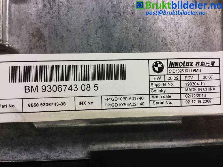 Instrument kjørecomputer til BMW i3 2013-2022 (BMW|65 50 9 306 743-08|)
