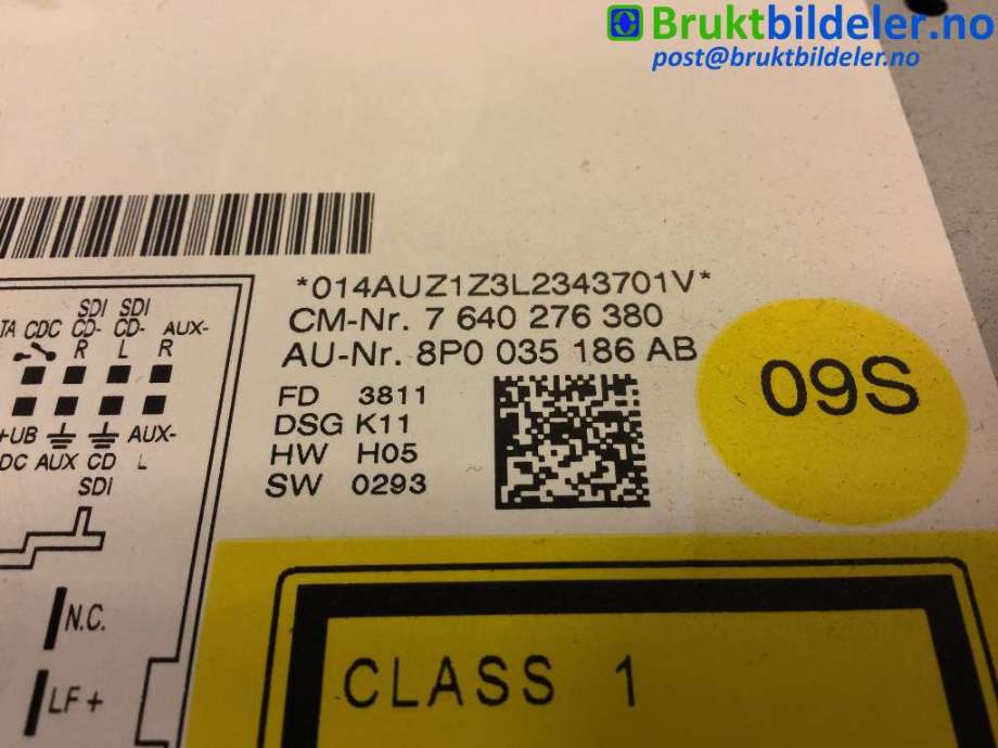 Bilstereo til Audi A3 2009-2012 (Type II, Fase 2)  (AUDI|8P0 035 186 AB|7 640 276 380|)
