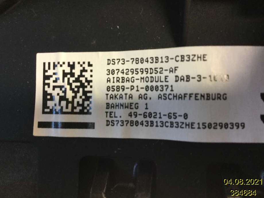 Airbag rattpute til Ford Mondeo 2014-2019 (Type V, Fase 1)  (FORD|DS73-78043B13-CB3ZHE|0589-P1-000371|)