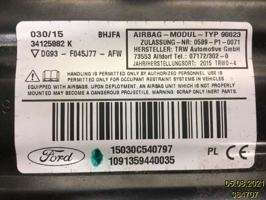 Airbag kne til Ford Mondeo 2014-2019 (Type V, Fase 1)  (FORD|DG93-F045J77-AFW|34125882 K|)