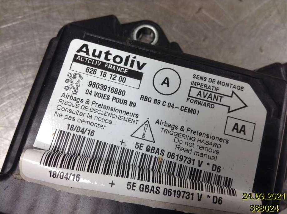 Airbag elektronikk til Peugeot Partner 2015-2019 (Type II, Fase 2)  (PEUGEOT|9803916880|626181200|)