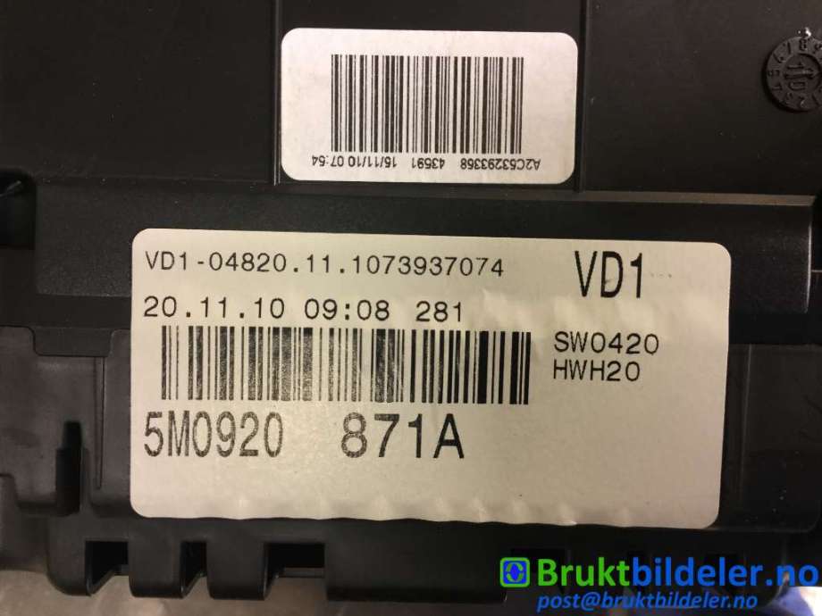Instrumentpanel til VW Golf, Plus/Cross 2009-2013 (Fase 2) (VOLKSWAGEN|5M0 920 871 A|A2C53293368|)