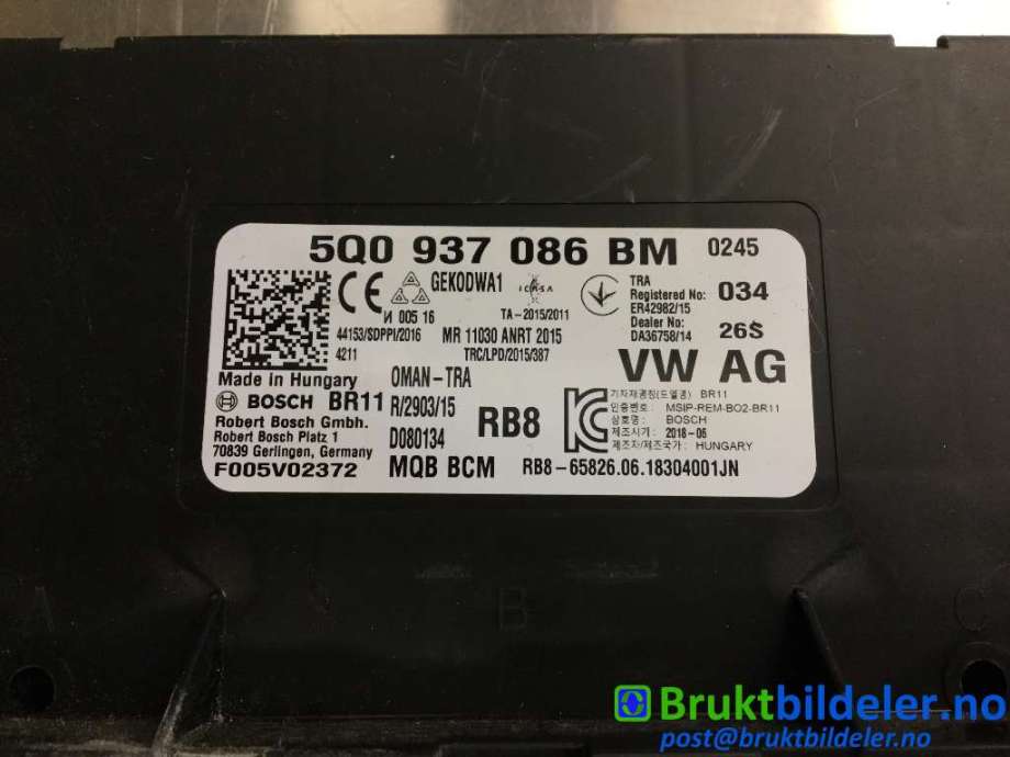 Styreenhet comfort (BCM) til Škoda Octavia 2017-2020 (Type III, Fase 2)  (SKODA|5Q0 937 086 BM|F005V02372|)