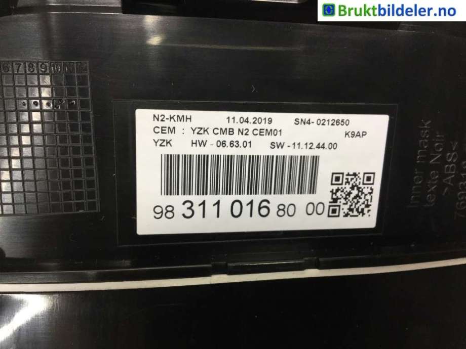 Instrumentpanel til Peugeot Partner 2019-->> (Type III)  (PEUGEOT|9831101680-00|)
