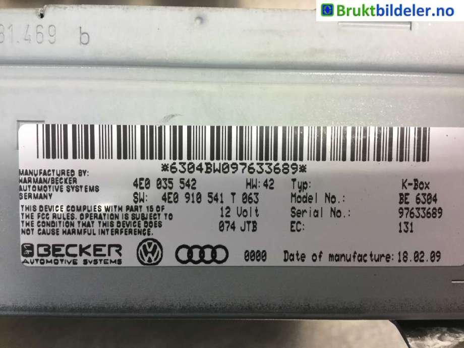 Bilstereo diverse til Audi Q7 2006-2010 (Type I, Fase 1) (AUDI|4E0 910 541 T 063|4E0 035 542|)