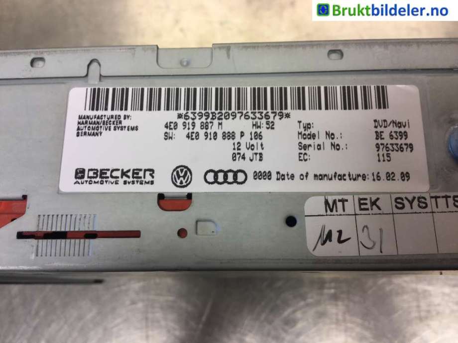 Bilstereo navigasjon spiller til Audi Q7 2006-2010 (Type I, Fase 1)  (AUDI|4E0 919 887 M|4E0 910 888 P 106|)