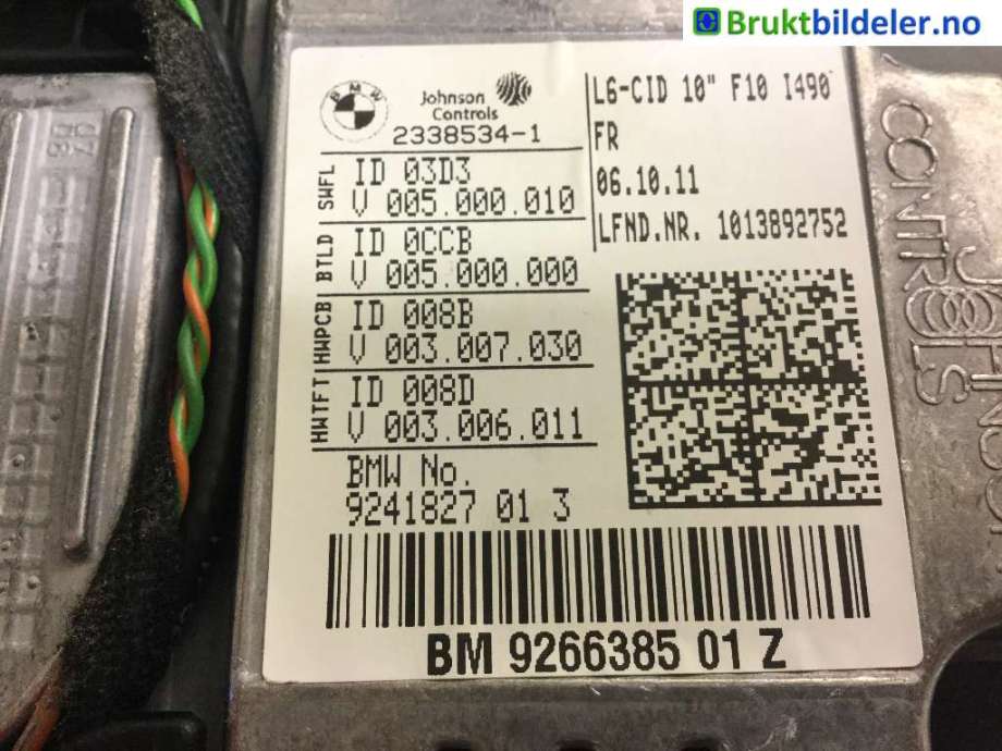Multimedia display (MCU - Media Controller Unit) til BMW 5-Serie 2010-2017 (F10/F11) (F10/F11) (BMW|9241827 01 03|2338534-1|BM 9266385 01 Z)