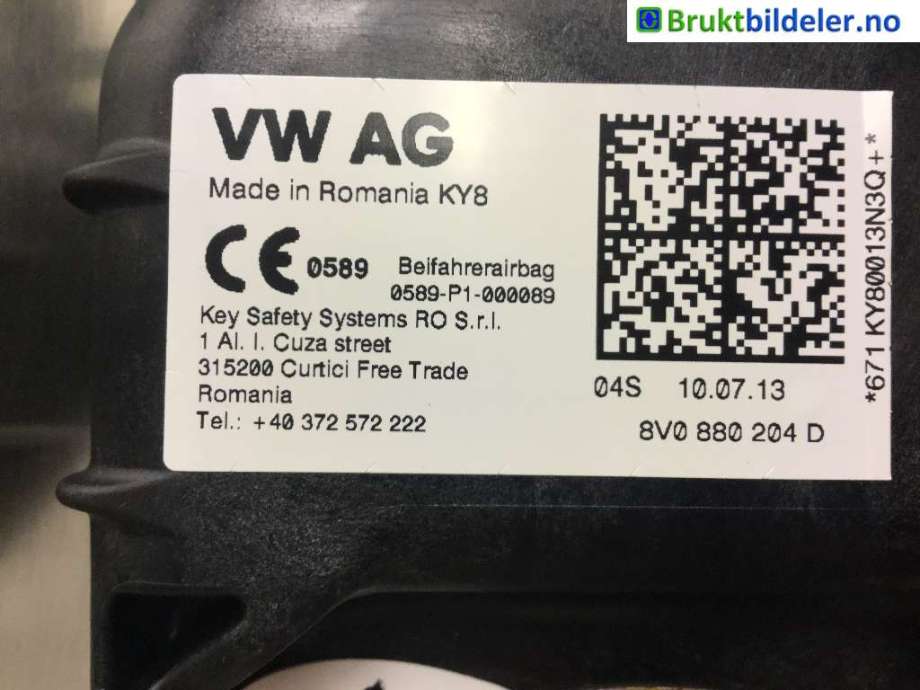 Airbag passasjer til Audi A3 2012-2016 (Type III, Fase 1) (AUDI|8V0 880 204 D|)