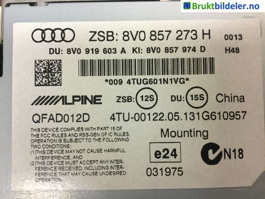 Instrument kjørecomputer til Audi A3 2012-2016 (Type III, Fase 1) (AUDI|8V0 857 273 H|QFAD012D|)