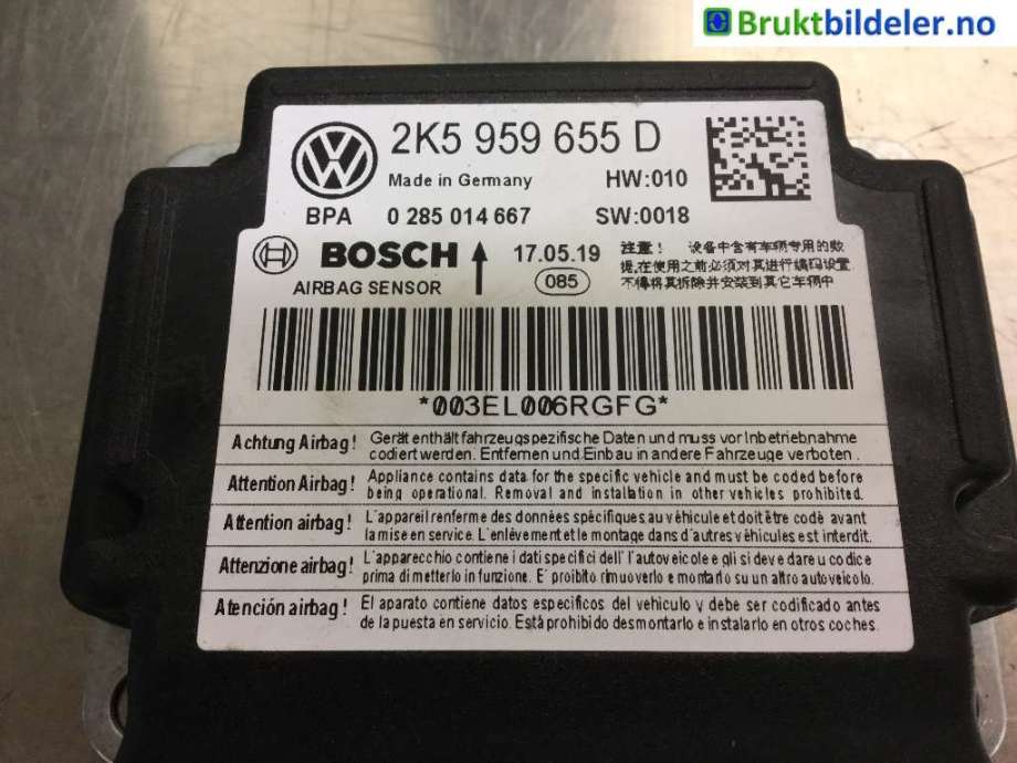 Airbag elektronikk til VW Caddy 2015-2020 (Type III, Fase 3)  (VOLKSWAGEN|2K5 959 655 D|0 285 014 667|)