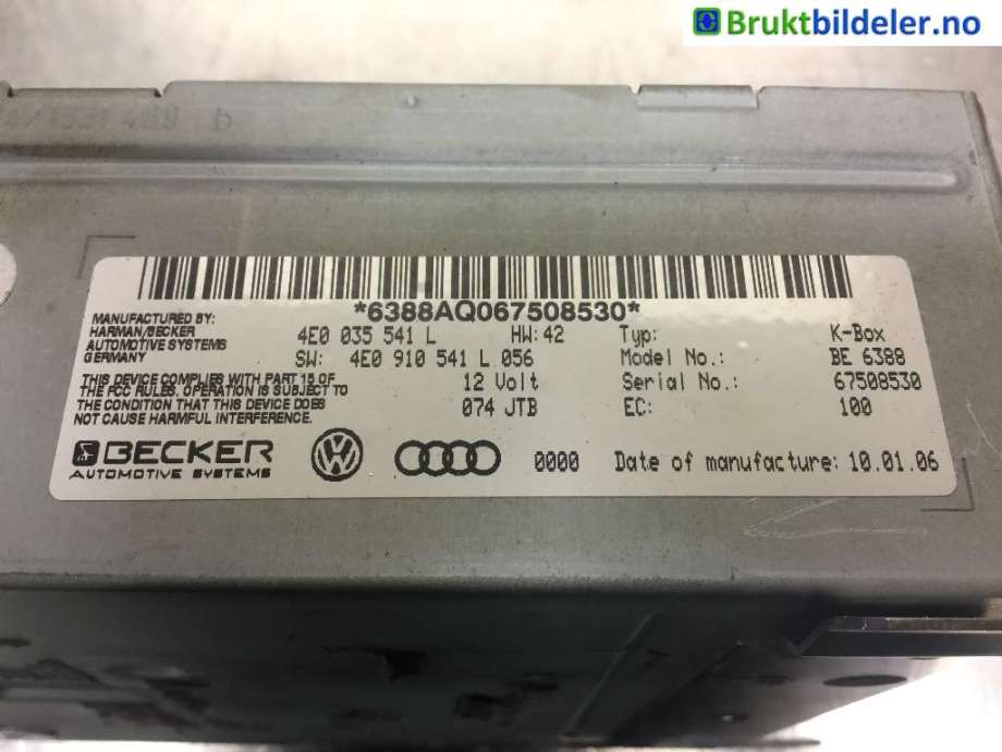 Bilstereo diverse til Audi Q7 2006-2010 (Type I, Fase 1)  (AUDI|4E0 035 541 L|)