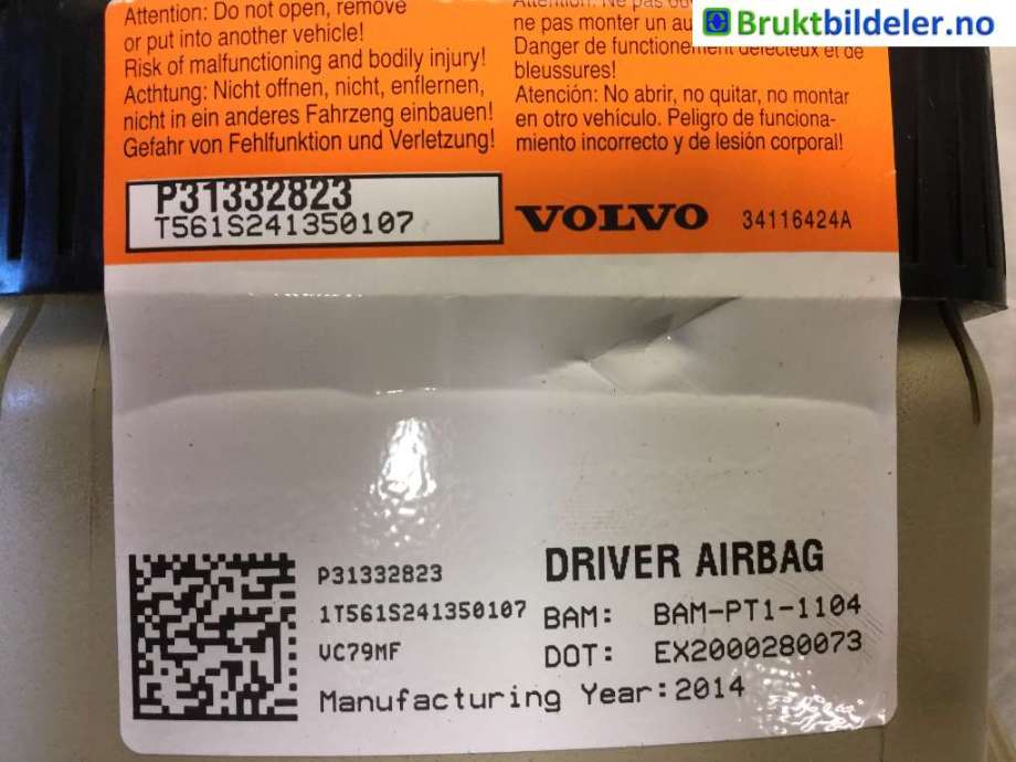 Airbag rattpute til Volvo V70 2014-2016 (Type III, Fase 2) (VOLVO|31332823|)