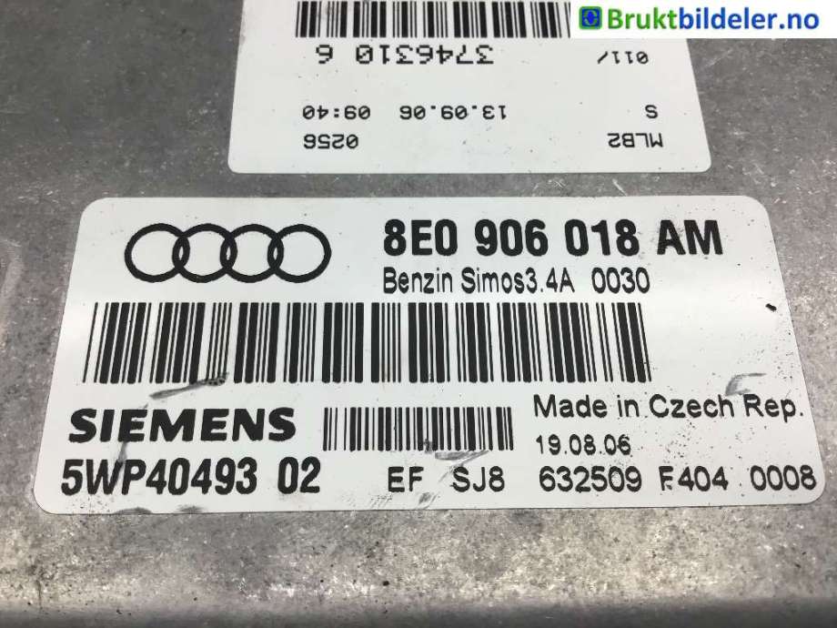 Styreenhet motor til Audi A4 2004-2008 (Type III) (B7) (B7) (AUDI|8E0 906 018 AM|5WP40493 02|SIMOS3.4A)