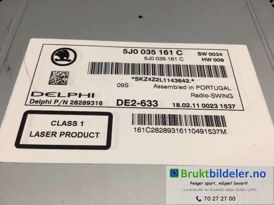 Bilstereo til Škoda Fabia 2010-2014 (Type II, Fase 2)  (SKODA|5J0 035 161 C|SKZ4Z2L1143642|)