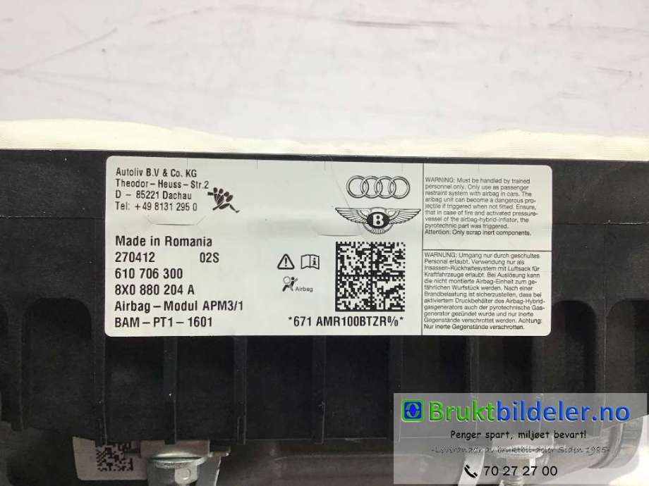 Airbag passasjer til Audi A1 2010-2014 (Type I, Fase 1) (AUDI|8X0 880 204 A|)