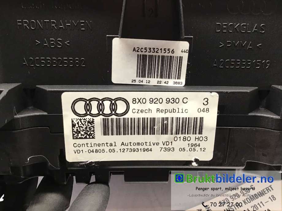 Instrumentpanel til Audi A1 2010-2014 (Type I, Fase 1)  (AUDI|8X0 920 930 C|)