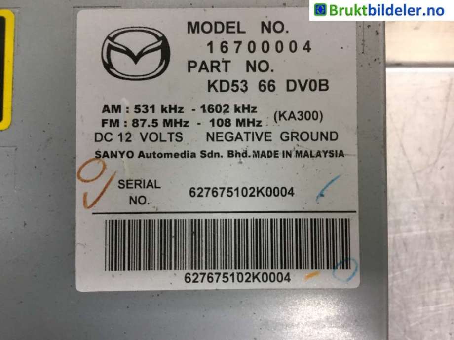 Bilstereo til Mazda CX-5 2012-2017 (Type I) (MAZDA|KD53 66 DV0B|)