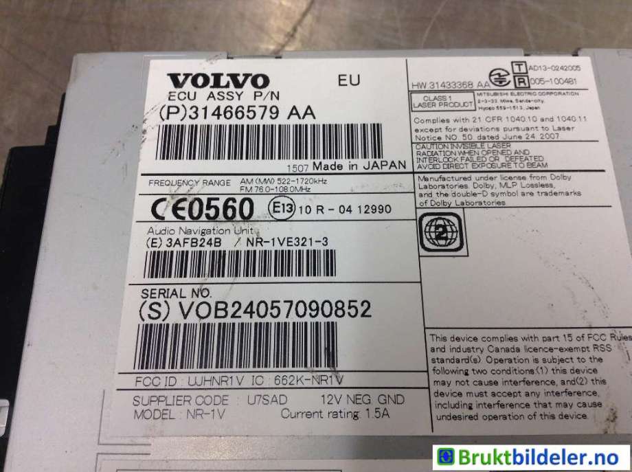 Bilstereo til Volvo V70 2014-2016 (Type III, Fase 2)  (VOLVO|31466579 AA|)