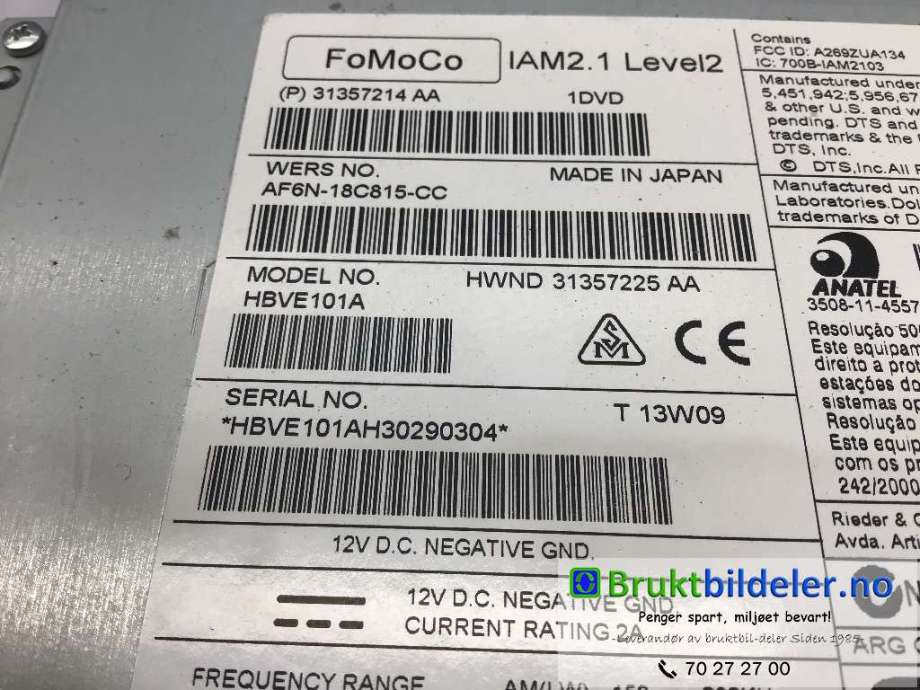 Bilstereo til Volvo V40 2012-2019  (VOLVO|31357214 AA|AF6N-18C815-CC|)
