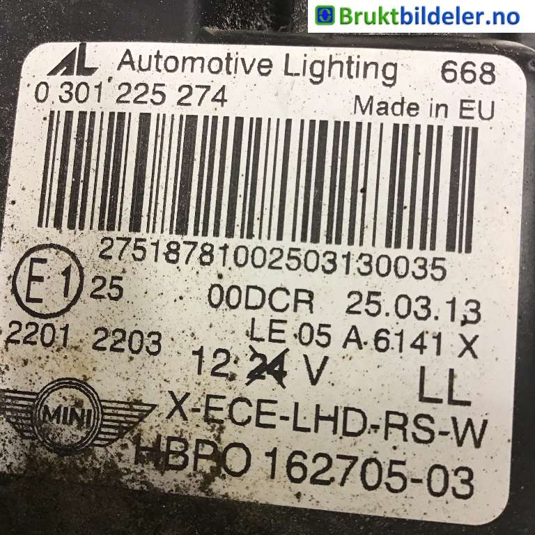 Frontlykt høyre xenon til Mini One/Cooper 2007-2014 (R55-57) (R55-57) (MINI|63 12 7 269 984|0 301 225 274|162705-03)