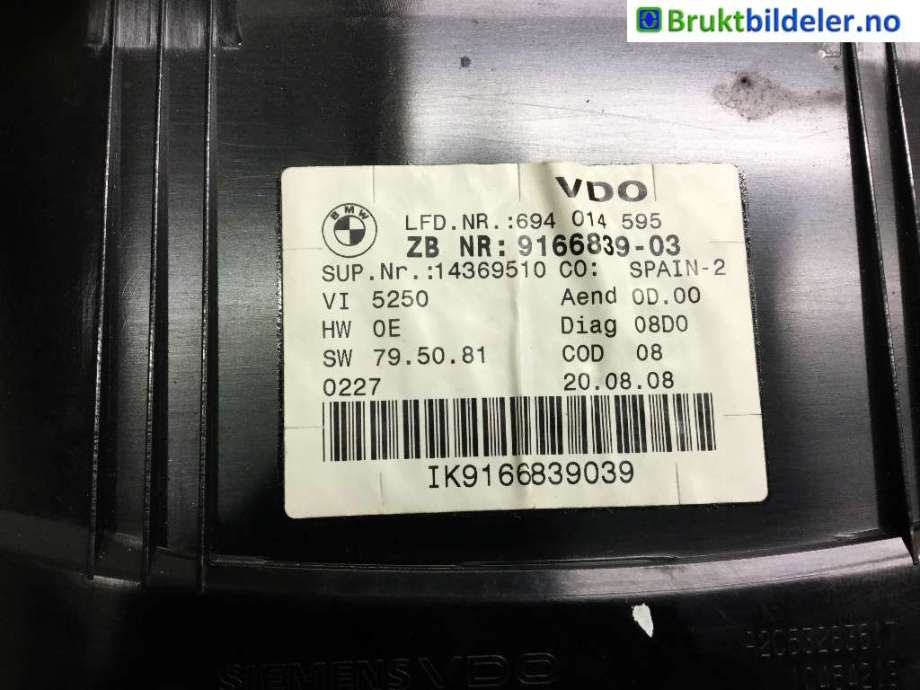 Instrumentpanel til BMW 3-Serie 2005-2011 (E90/E91/E92/E93) (E90/E91/E92/E93) (BMW|9 166 839 - 03|)