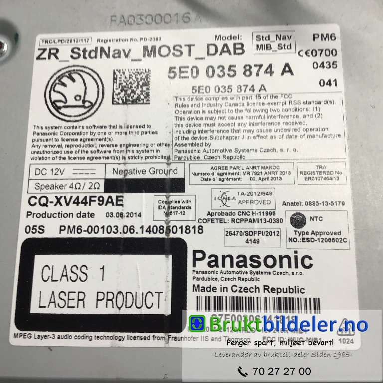 Bilstereo diverse til Škoda Octavia 2013-2016 (Type III, Fase 1)  (SKODA|5E0 035 874 A|)