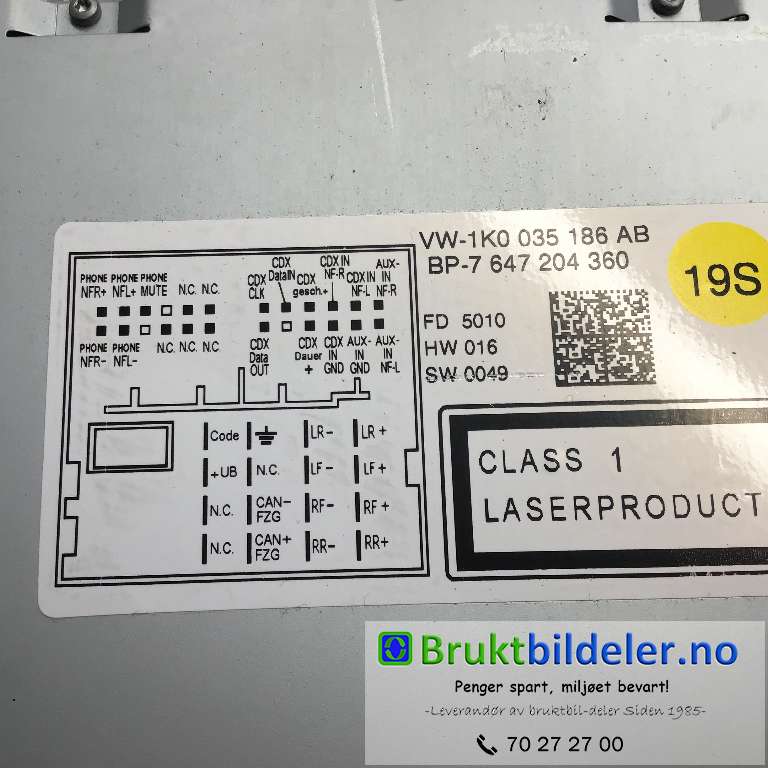 Bilstereo til VW Golf VI 2008-2012  (VOLKSWAGEN|1K0 035 186 AB|7 647 204 360|)
