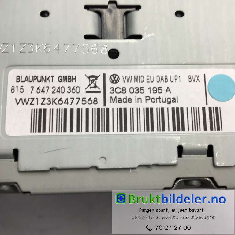 Bilstereo til VW Golf VI 2008-2012  (VOLKSWAGEN|3C8 035 195 A|7 647 204 360|)
