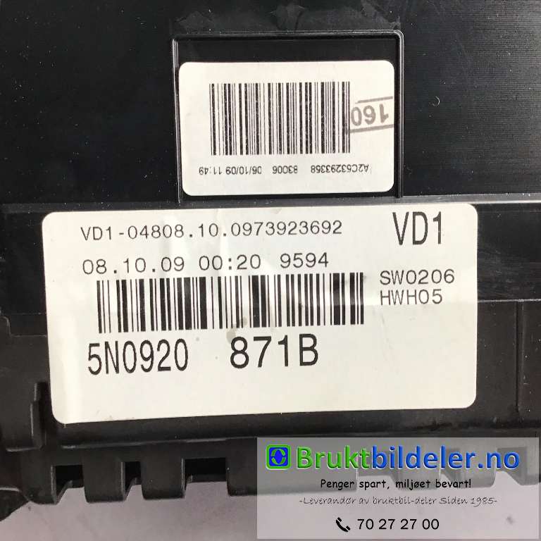 Instrumentpanel til VW Tiguan 2007-2011 (Type I, Fase 1)  (VOLKSWAGEN|5N0920 871B||VD1-04808 10 0973923)