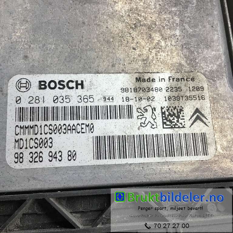 Styreenhet motor til Peugeot Partner 2019-->> (Type III)  (CITROEN|9832694380|0 281 035 365|)