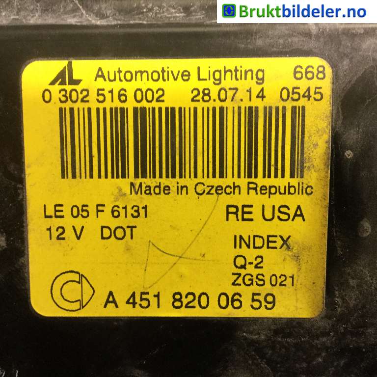 Frontlykt høyre halogen til Smart Fortwo 2007-2014 (Type II) (W451) (W451) (SMART|A 451 820 06 59|0 302 516 002|)