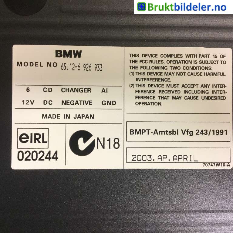 Bilstereo CD-veksler til BMW 7-Serie 2000-2008 (E65/E66/E67/E88) (E65/E66/E67/E88) (BMW|65.12-6 926 933|)
