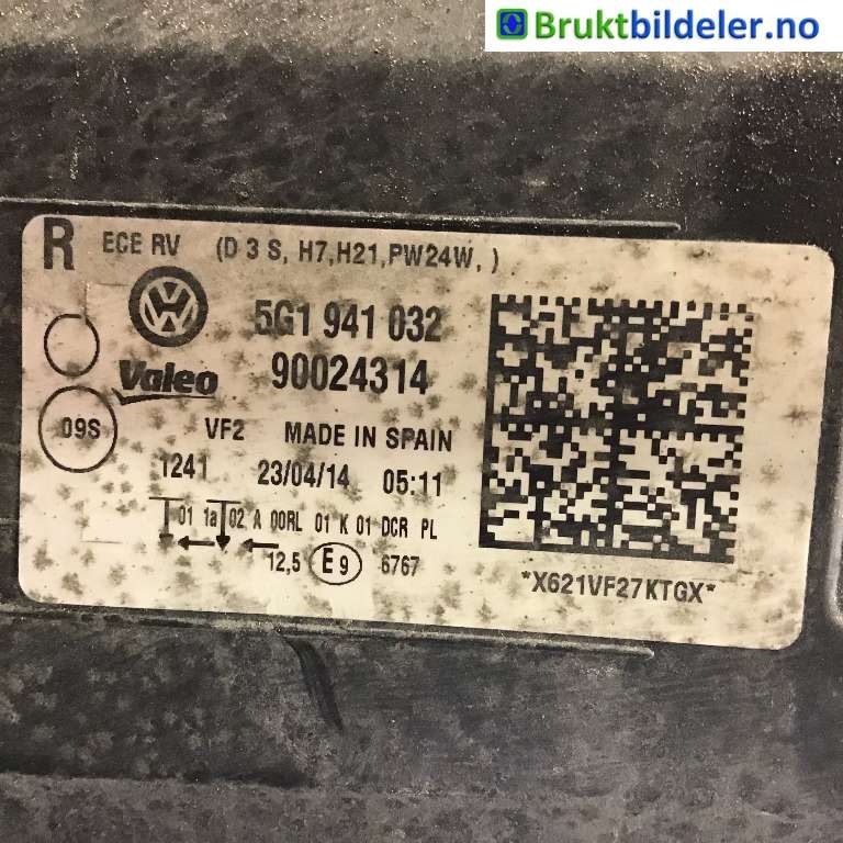 Frontlykt høyre xenon til VW Golf VII 2012-2017 (Fase 1)  (VOLKSWAGEN|5G1 941 040|90024314|5G1 941 032)