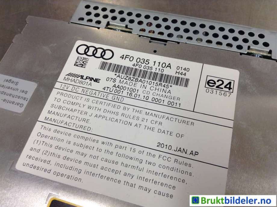 Bilstereo CD-veksler til Audi A6, Allroad 2008-2011 (Type II, Fase 2) (C6) (C6) (AUDI|4F0 035 110 A|)