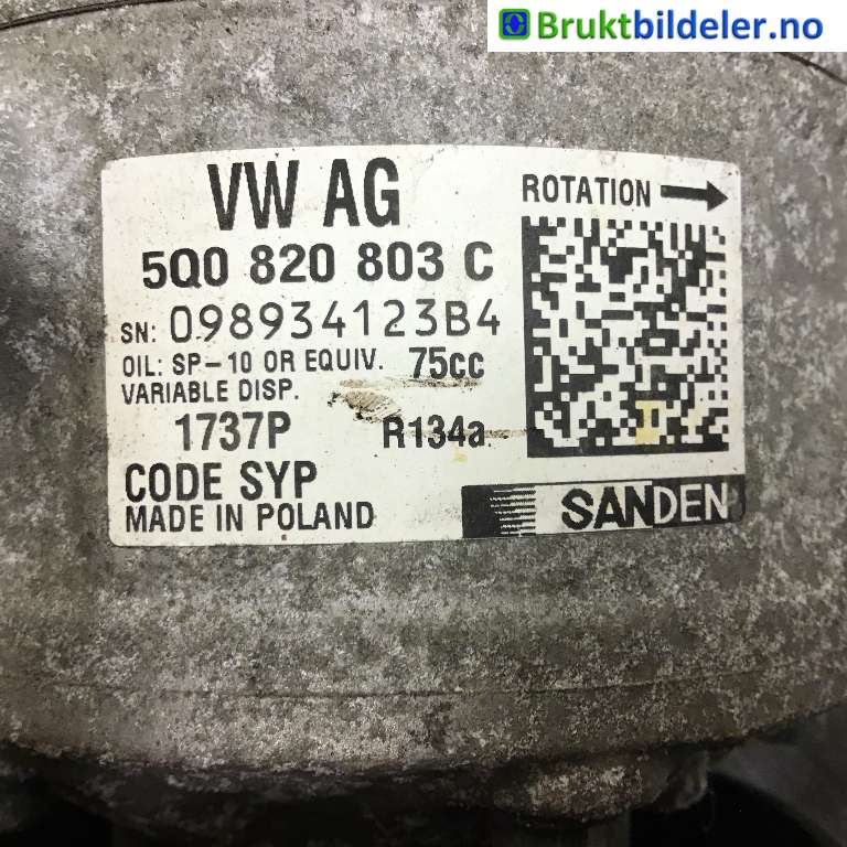 Aircondition kompressor til Škoda Octavia 2013-2016 (Type III, Fase 1)  (SKODA|5Q0 820 803 C|098934123B4|)