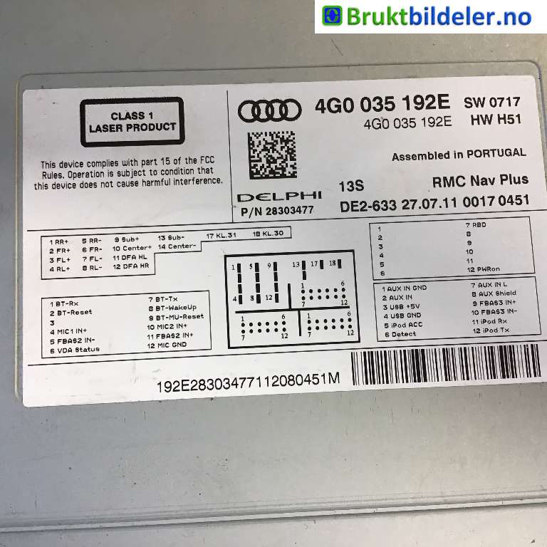 Bilstereo til Audi A6 2011-2014 (Type IV, Fase 1) (C7) (C7) (AUDI|4G0 035 192 E|28303477|)