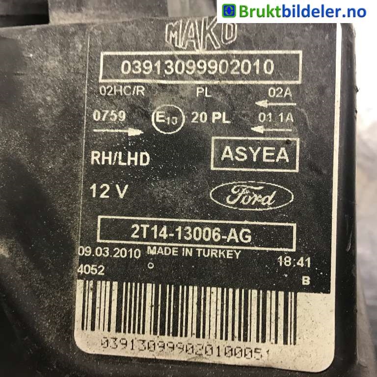 Frontlykt høyre halogen til Ford Transit Connect 2009-2013 (Type I, Fase 2)  (FORD|2T14-13006-AG|39130748|)