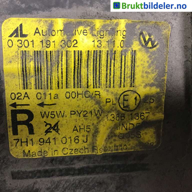 Frontlykt høyre halogen til VW Transporter / Caravelle 2003-2009 (Fase 1) (T5) (T5) (VOLKSWAGEN|7H1 941 016 J|0 301 191 302|----------)