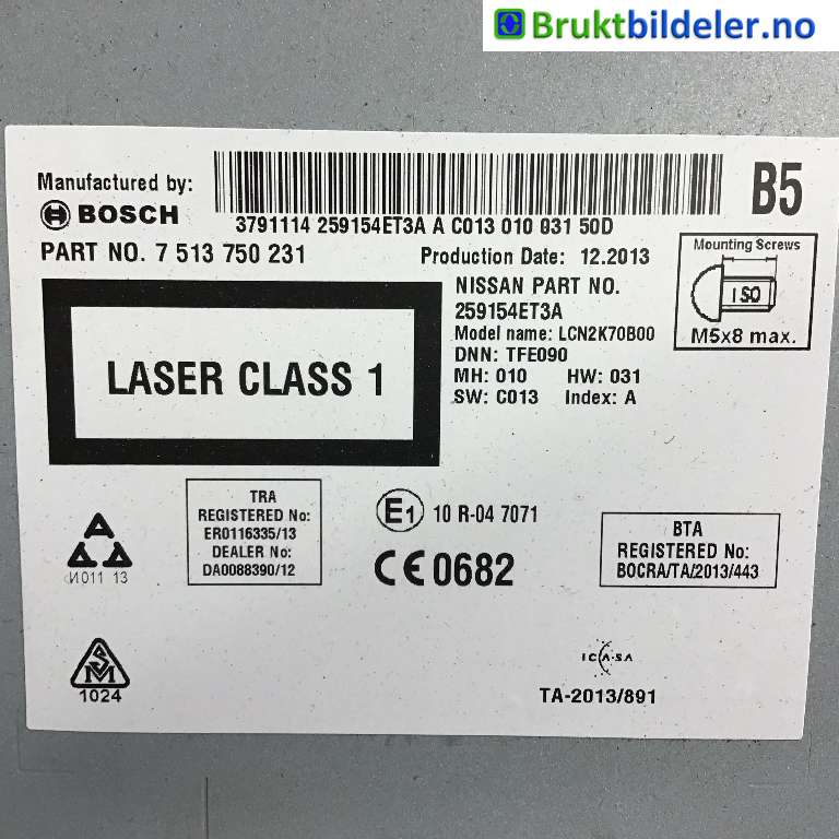 Bilstereo til Nissan Qashqai 2014-2021 (Type II) (NISSAN|259154ET3A|7 513 750 231|)