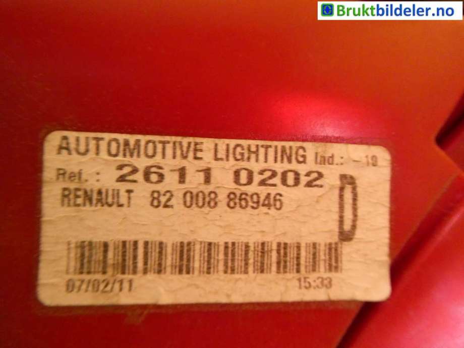 Baklykt høyre til Renault Clio 2009-2012 (Type III, Fase 2)  (RENAULT|8200886946|2611 0202|82 008 86946)