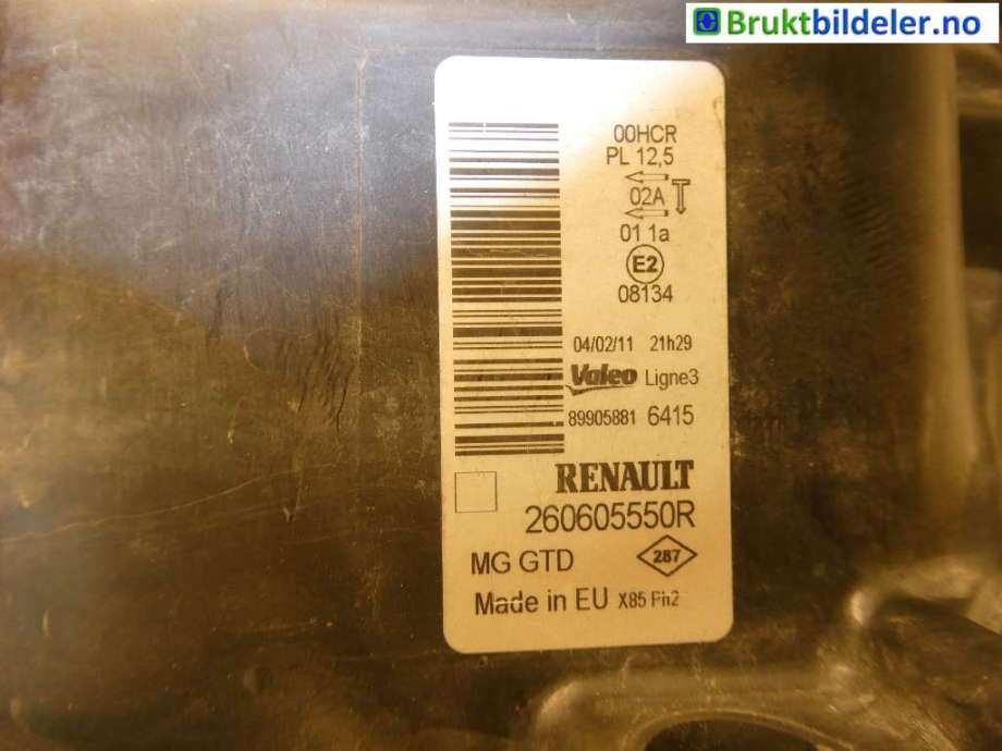Frontlykt venstre halogen til Renault Clio 2009-2012 (Type III, Fase 2) (RENAULT|260605550R|)