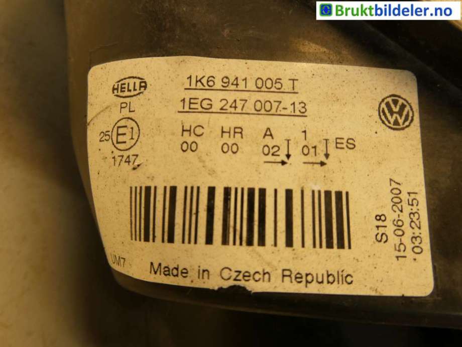 Frontlykt venstre halogen til VW Golf V, Combi 2003-2008  (VOLKSWAGEN|1K6941005T||1K6 941 005 T)