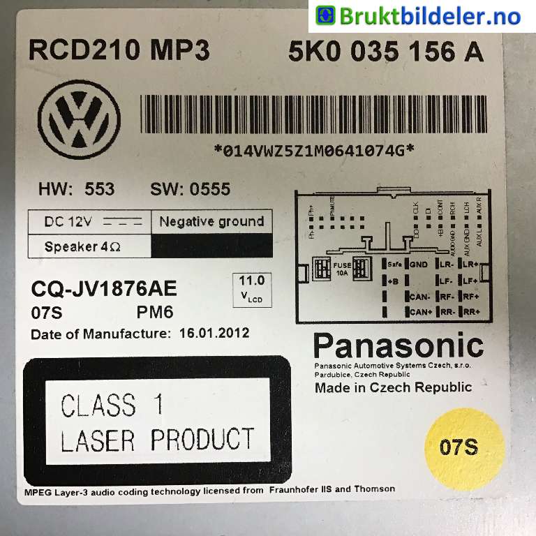Bilstereo til VW Caddy 2010-2015 (Type III, Fase 2)  (VOLKSWAGEN|5K0 035 156 A|CQ-JV1876AE|)