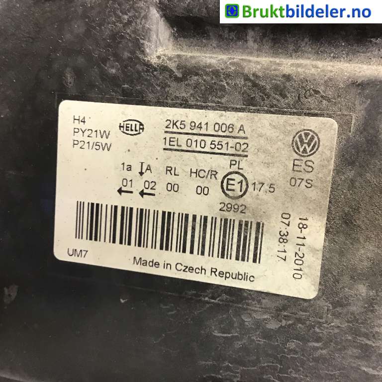 Frontlykt høyre halogen til VW Caddy 2010-2015 (Type III, Fase 2)  (VOLKSWAGEN|2K5 941 006 A|1EL 010 551-02|)