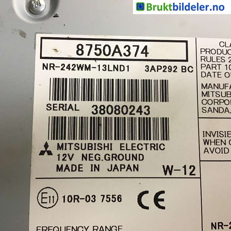 Bilstereo til Mitsubishi Outlander 2012-2015 (Type III, Fase 1)  (MITSUBISHI|8750A374|NR-242WM-13LND1|)