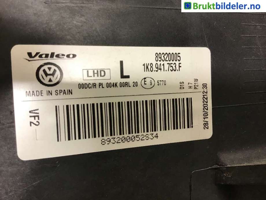 Frontlykt venstre xenon til VW Scirocco 2008-2013 (VOLKSWAGEN|1K8 941 753 F|89320005|)