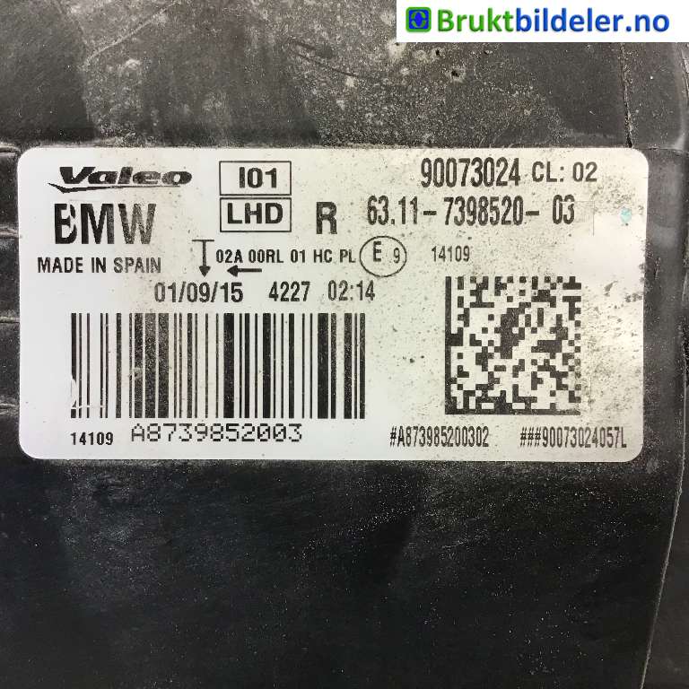 Frontlykt høyre halogen til BMW i3 2013-2022  (BMW|63 11 7 381 900|90073024|63 11 7 398 520-03)