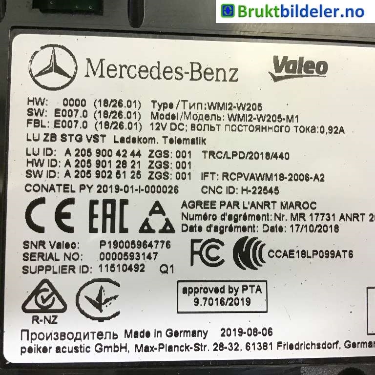 Styreenhet diverse til Mercedes C-Klasse 2018-2021 (Fase 2) (W205) (W205) (MERCEDES|A 205 900 42 44|P19005964776|)