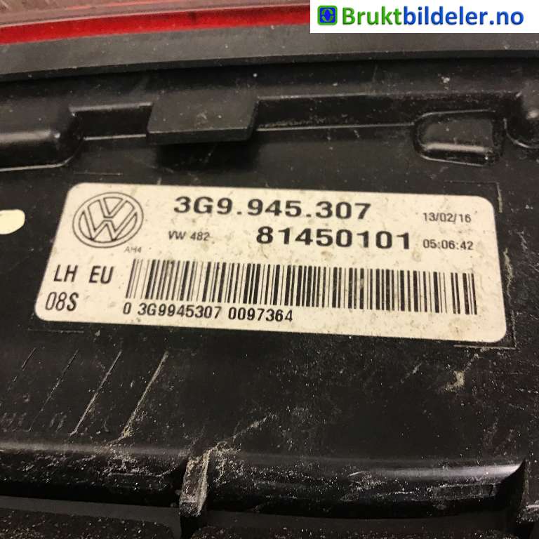 Baklykt venstre indre til VW Passat 2015-2019 (Fase 1) (B8) (B8) (VOLKSWAGEN|3G9 945 307|81450101|)