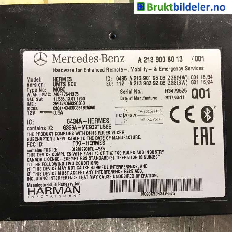 Styreenhet bluetooth til Mercedes E-Klasse 2016-2023 (W213) (W213) (MERCEDES|A 213 900 80 13|H3479525|)